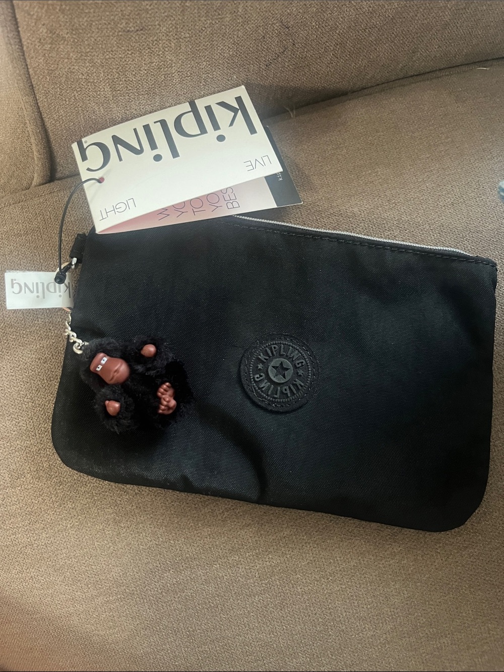 Kipling Black Nylon Zip Pouch with Monkey Key Charm